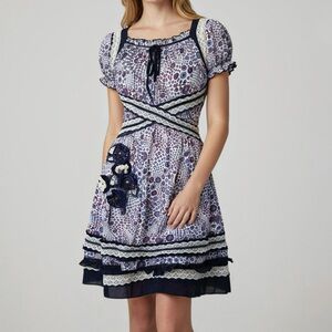 Paisley Romantic Boho Midi Dress O/S Lace Femme Lolita Coquette Purple Navy Blue